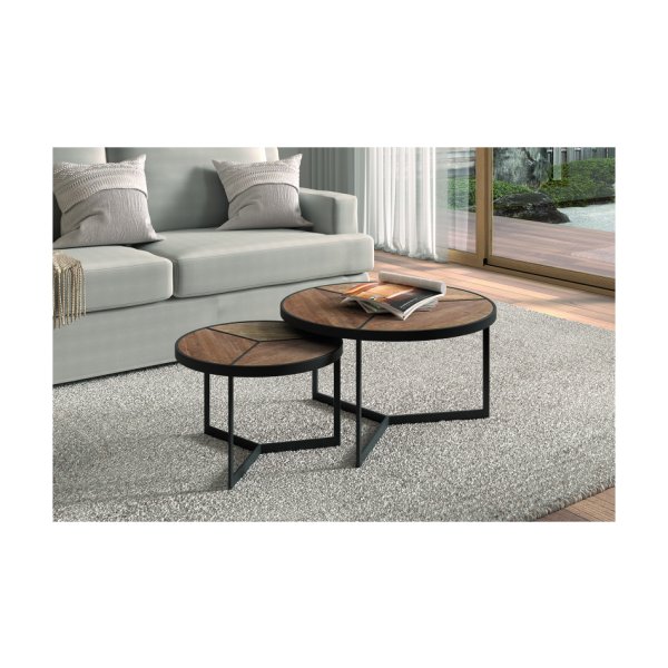 Salontafel 'Laveu' 2-delig Mangolia, Structuur metaal, blad exotisch hout mangolia