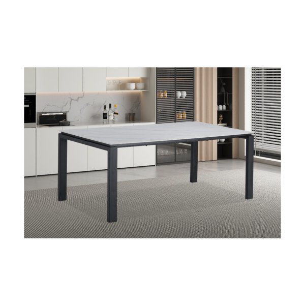 Eettafel 'Zeus' 180 cm Rechthoekig Steen Wit, Structuur metaal, blad steen, - Top 12 mm
