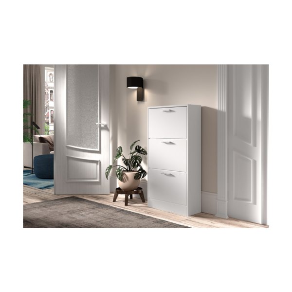 Schoenenkast 'Carini' 3 laden Wit, Spaanderplaat en decor