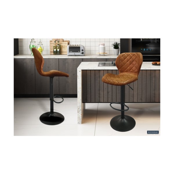 Barstoel 'Malaga' PU Cognac, Poten metaal en bekleding PU vintage,
