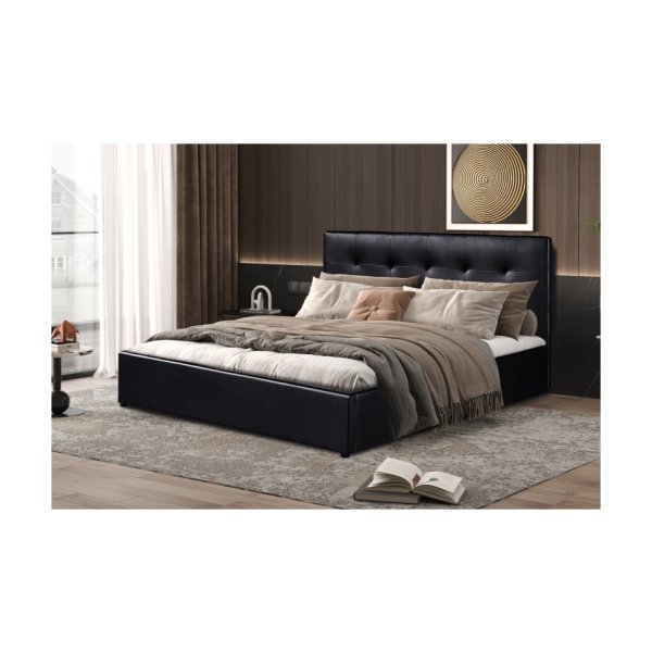 Bed 'Porto' 160x200 met lattenbodem PU Zwart, Structuur , spaanderplaat en bekleding PU, H-H 95 x B-L 170 x D-P 218cm