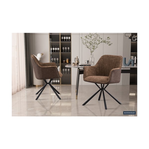 Eetkamerstoel 'Lucie' Boucl Zand Rug PU Bruin, Poten metaal en bekleding 100% polyester + PU