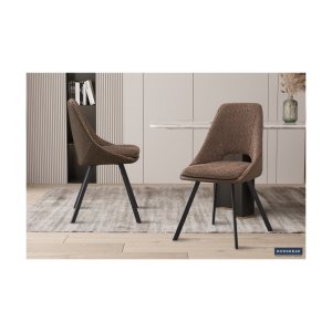 Eetkamerstoel 'Filou' Boucl Zand Rug PU Bruin, Poten metaal en bekleding 100% polyester + PU