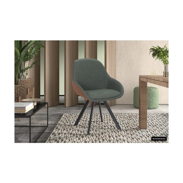 Eetkamerstoel 'Jan' Stof Groen Rug PU Cognac, Poten metaal en bekleding 100% polyester + PU