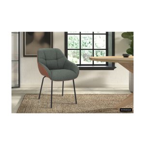 Eetkamerstoel 'Sem' Stof Groen Rug PU Cognac, Poten metaal en bekleding 100% polyester + PU