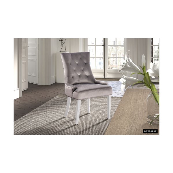Eetkamerstoel 'Bristol' Fluweel Beige, poten wit, Poten exotisch hout en bekleding 100% polyester