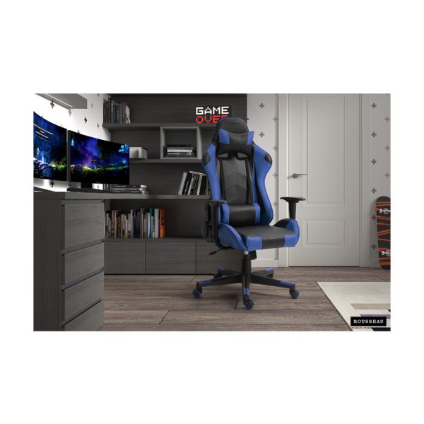 Gamingstoel, Bureautafelstoel,, 'Eric' PU Blauw/zwart, Poten metaal en plastiek, bekleding PU