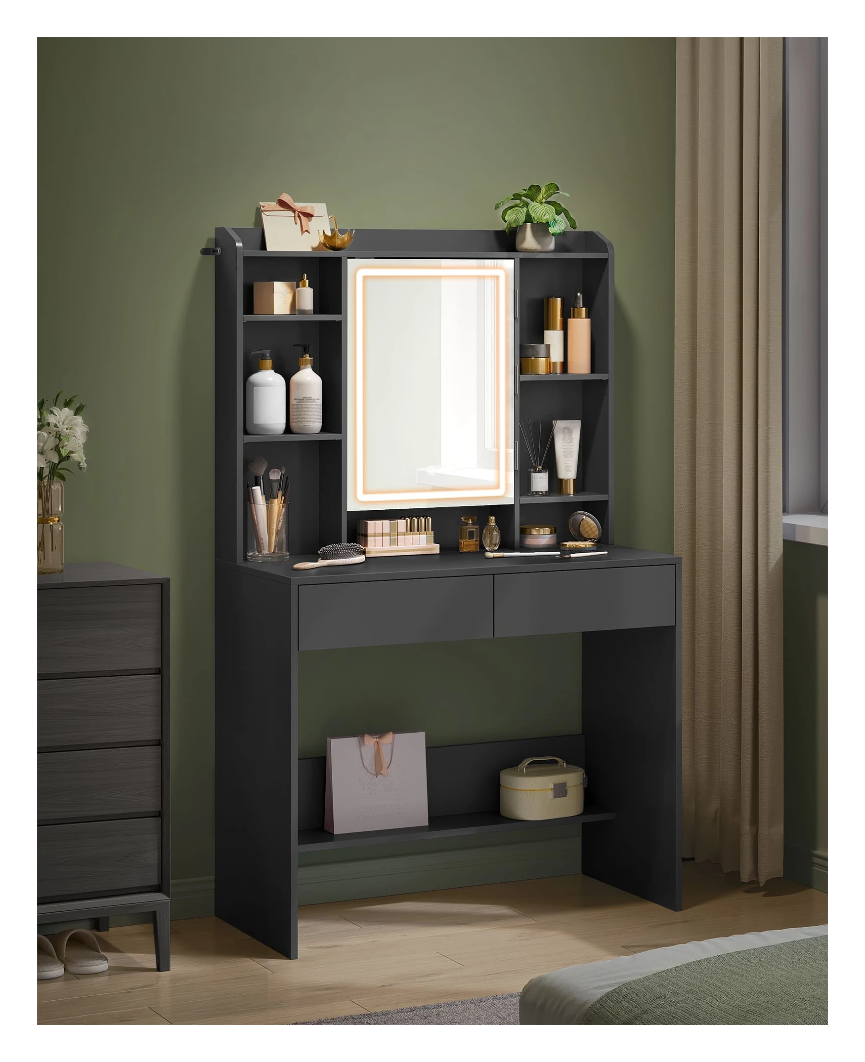 Kaptafel, tafel, vintage tafel, houten kaptafel, kaptafel voor slaapkamer met spiegel, kruk, laden voor dames (kleur: bruin, maat: 100 x 45 x 95 cm) (bruin 100 x 45 x 95 cm