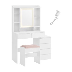 Kaptafel met LED-verlichting en Spiegel – Make-up Tafel met Laden en Kruk – Modern Wit