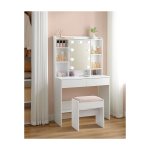 Make-uptafel met LED Verlichting – Kaptafel met Spiegel en Verstelbare Planken – 2 Laden – Modern Wit