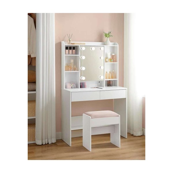 Make-uptafel met LED Verlichting – Kaptafel met Spiegel en Verstelbare Planken – 2 Laden – Modern Wit