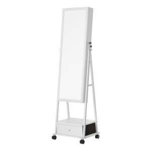 Sieradenkast met Spiegel – Passpiegel Staand – Make-Up Spiegel – Op Wielen - Wit