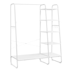 Kledingrek met Kledingstang en Schoenenrek – 6 Haken, 5 Planken – Wolkenwit-Mat Wit