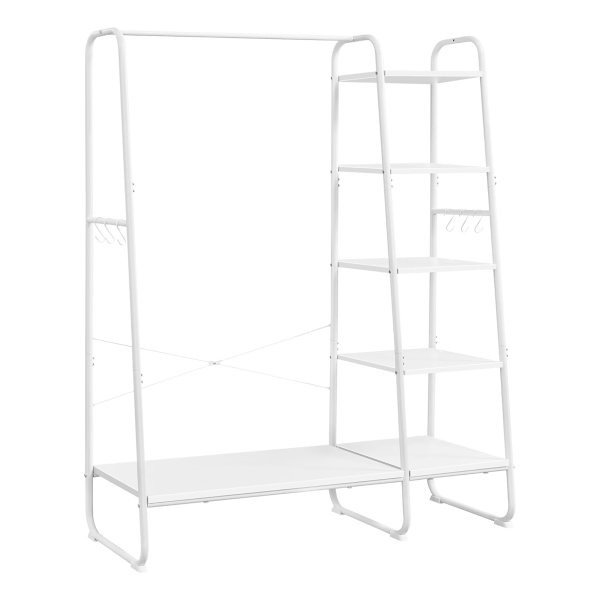 Kledingrek met Kledingstang en Schoenenrek – 6 Haken, 5 Planken – Wolkenwit-Mat Wit
