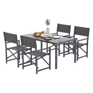 Eettafelset - SteelSeries - Inklapbare stoelen - Glazen tafel - Grijs