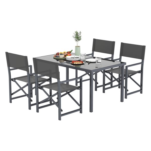 Eettafelset - SteelSeries - Inklapbare stoelen - Glazen tafel - Grijs