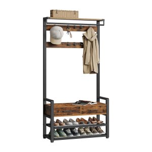 Kapstokbankje - Vintage Living - Schoenenopslag - 10 Haken - Bruin/Zwart
