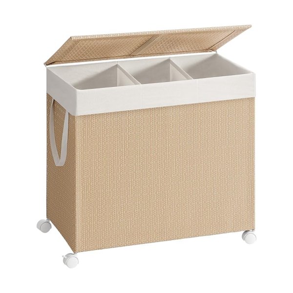 Wasmand - Handig Thuis - 140 liter inhoud - Wieltjes - Beige/Wit