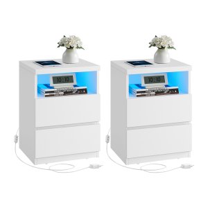 Nachtkastje set van 2 – Moderno - LED-verlichting – Laden - Wolkenwit