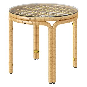 Salontafel - Polyrattan - Ronde salontafel – Glazen tafelblad - Geel