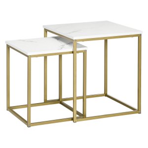 Marmeren – Bijzettafel set - Stalen frame – Wit