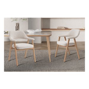 Stoel - Eikenhouten - massief - stoffen bekleding - beige