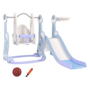 Binnenspeeltuin - Glij- en Schommelset - Basketbalring - Lichtblauw