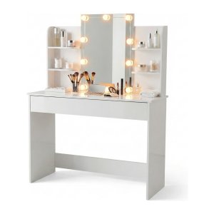 Make-up Tafel – Kaptafel met Spiegel & Verlichting – Lade met 3 vakken - Wit
