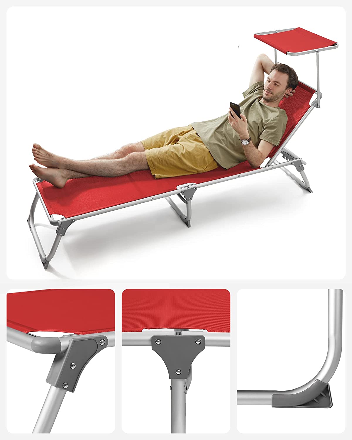SONGMICS Sun Lounger with Roof Sun Lounger Garden Lounger Aluminium Large 65 x 200 x 48 cm Load Capacity 150 kg Adjustable Backrest Folding Garden Balcony Patio Beige GCB26BE